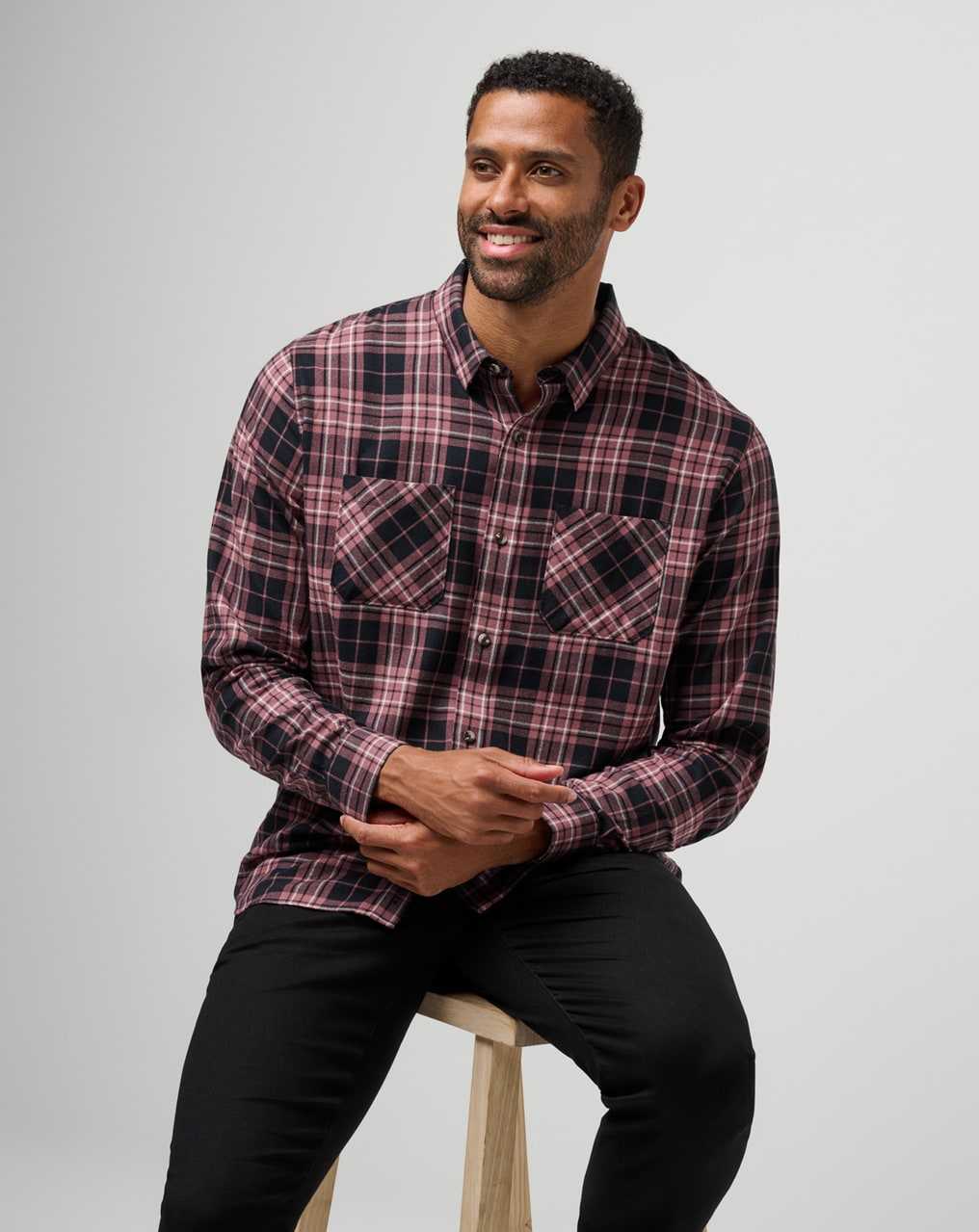 Travis Mathew Cloud Flannel Plaid Button-up Black/Roan Rouge | VQFKCPN-62