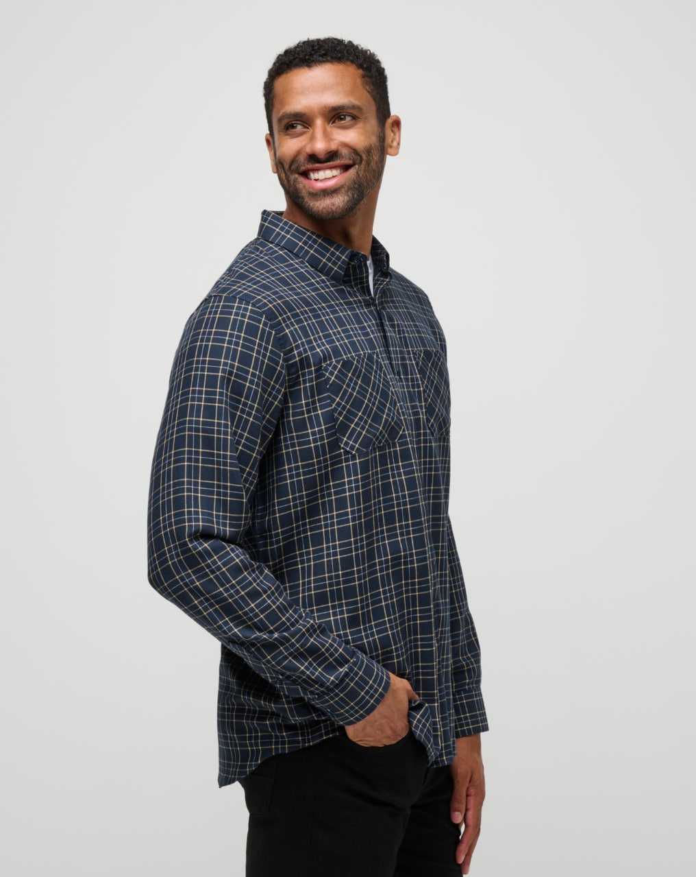 Travis Mathew Cloud Flannel Plaid Button-up Total Eclipse/Apricot | ZWRYQNC-61