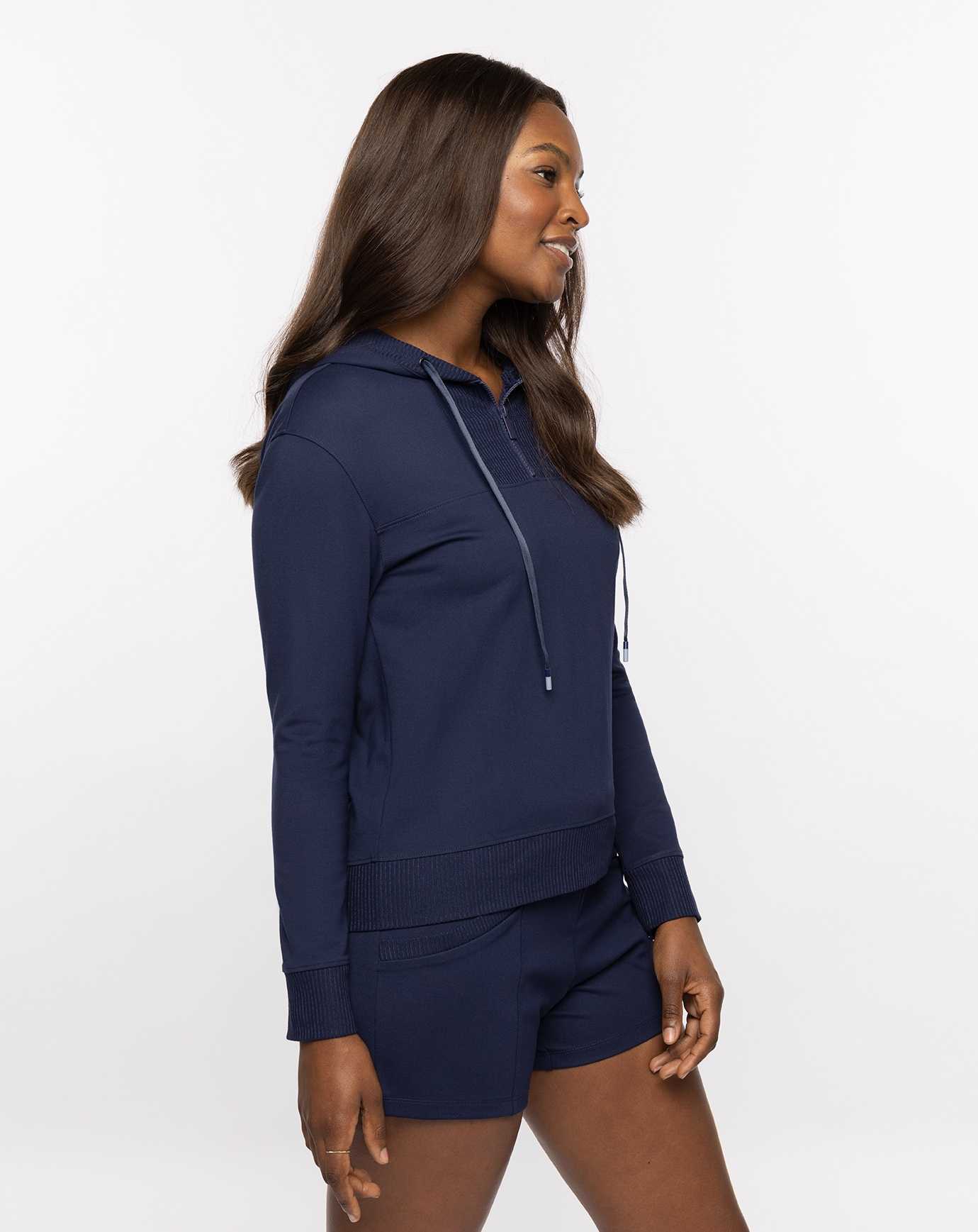 Travis Mathew Horizon Line 1/4 Zip Ponte Hoodie Navy | SJXBAUL-62